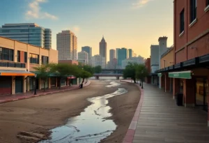 View of the drained San Antonio River Walk during maintenance
