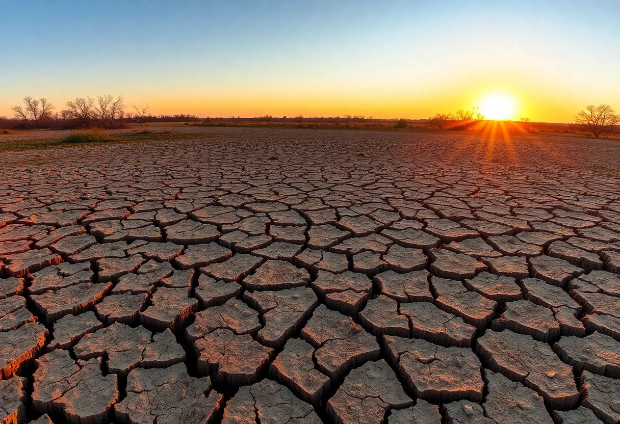 Cracked earth and dry vegetation in Austin, Texas due to a severe drought