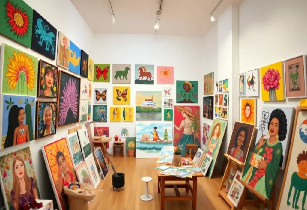 Artworks in a studio showcasing contemporary styles and cultural themes