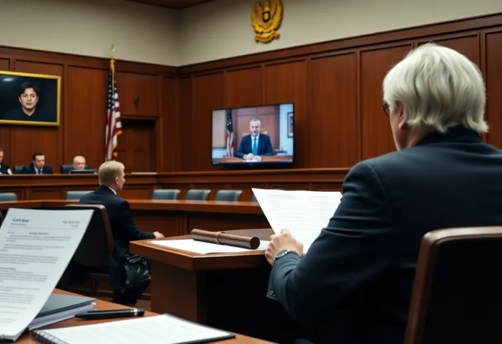 Courtroom scene depicting a judge and video conferencing defendant