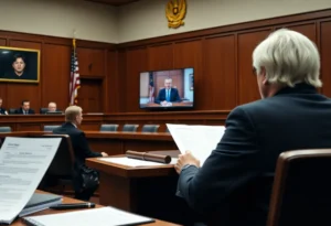 Courtroom scene depicting a judge and video conferencing defendant