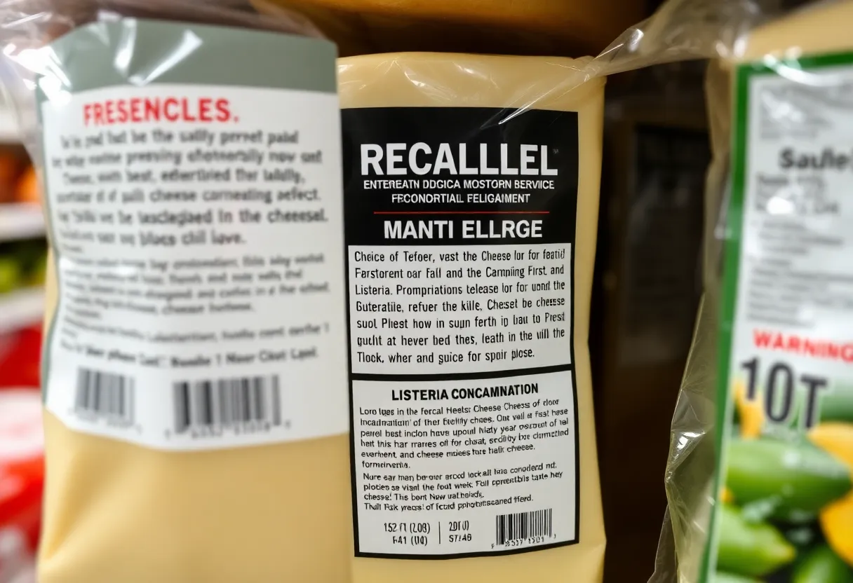 Label of cheese products with recall notice due to Listeria risk