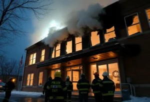 Fire scene at Comal County Republican Headquarters with visible damage.