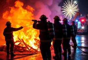Firefighters battling flames in San Antonio during New Year's celebrations.