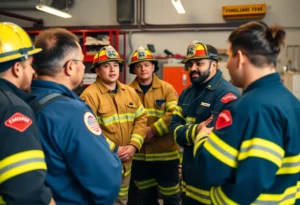 Diverse firefighters in a supportive discussion about mental health.