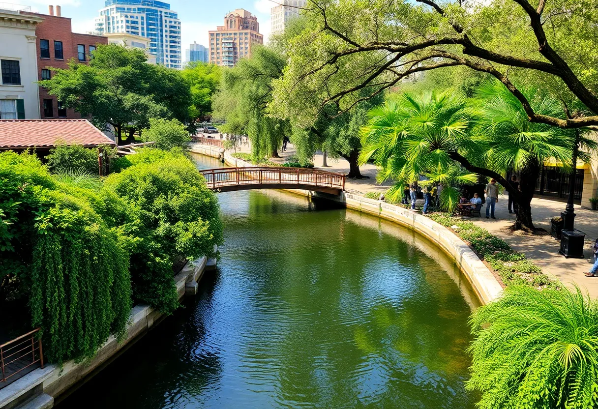 People fishing along the San Antonio River Walk