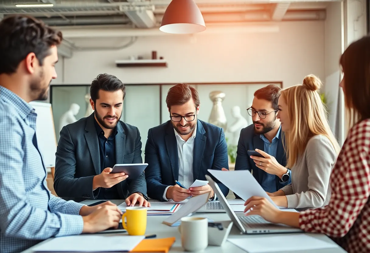 Entrepreneurs collaborating to improve business efficiency using tools