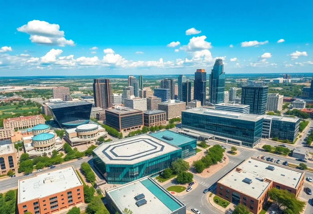 Aerial view of a modern tech campus in Austin, Texas with cloud and finance motifs.