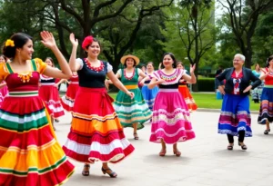 Adults participating in a Folklorico dance class at a park in San Antonio