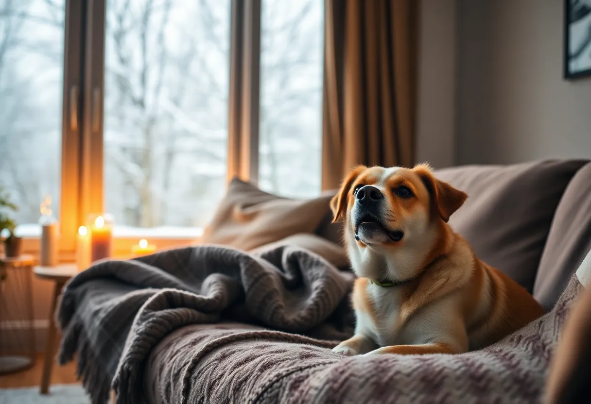 A dog sitting in a warm living room during cold weather.