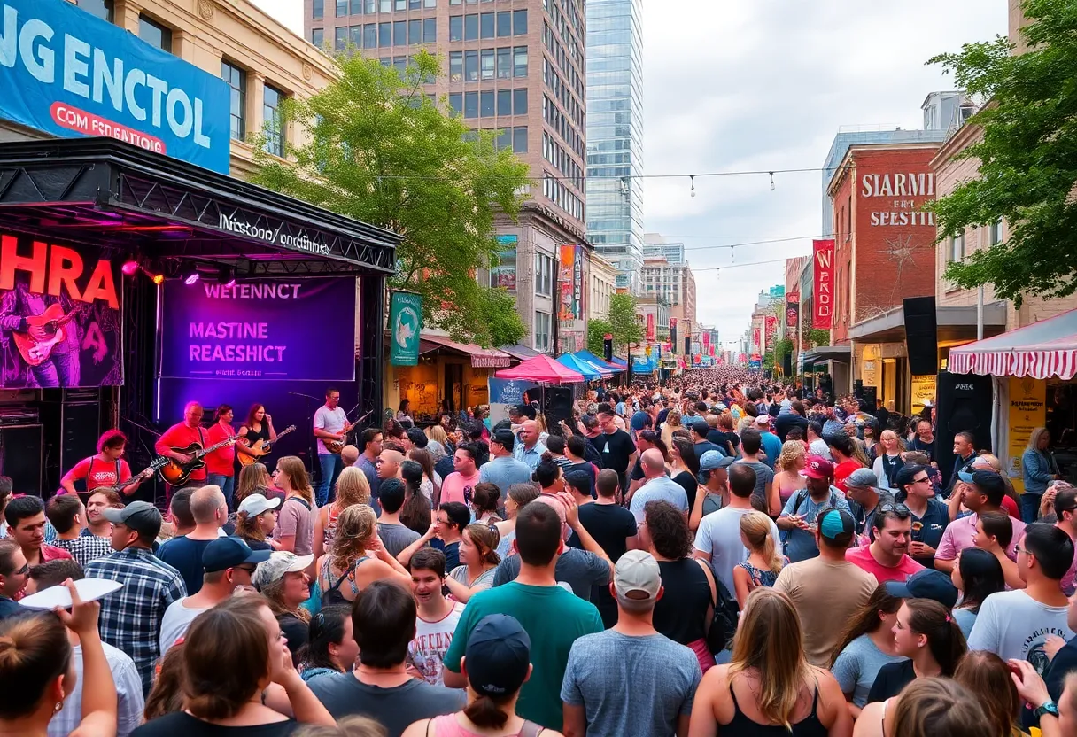 Crowd enjoying live performances at the Free Week music festival in Austin