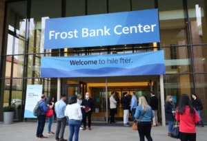 Scene from the hiring event at Frost Bank Center featuring diverse individuals interacting.