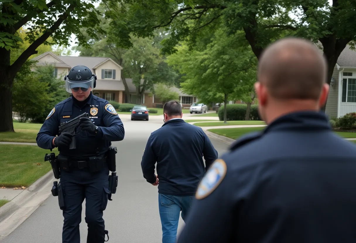 Law enforcement officers arresting a fugitive in a suburban area.