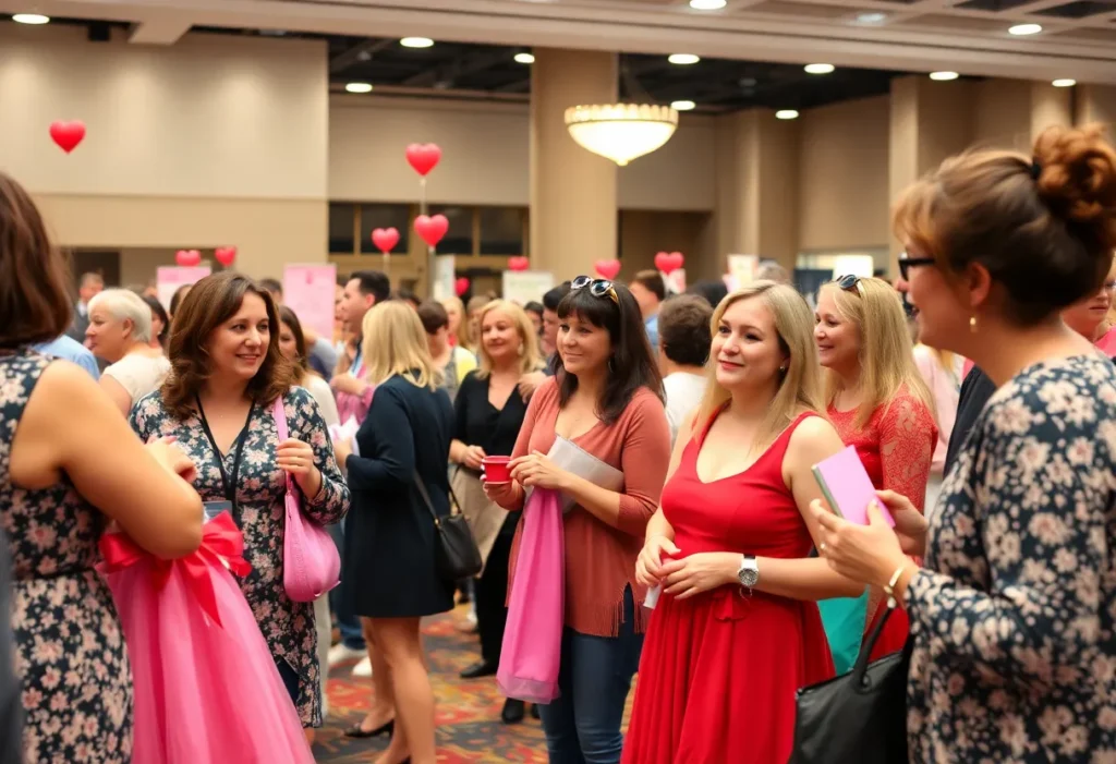 Women gathering at the Galentine's Day event donating dresses and enjoying the festivities