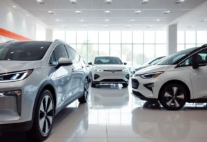 Showroom of General Motors electric vehicles showcasing innovative designs.