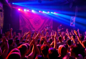 A crowd enjoying a live performance by Gogol Bordello with colorful lights in the background.