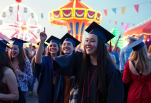 Graduates celebrating at Six Flags Fiesta Texas with rides and festivities