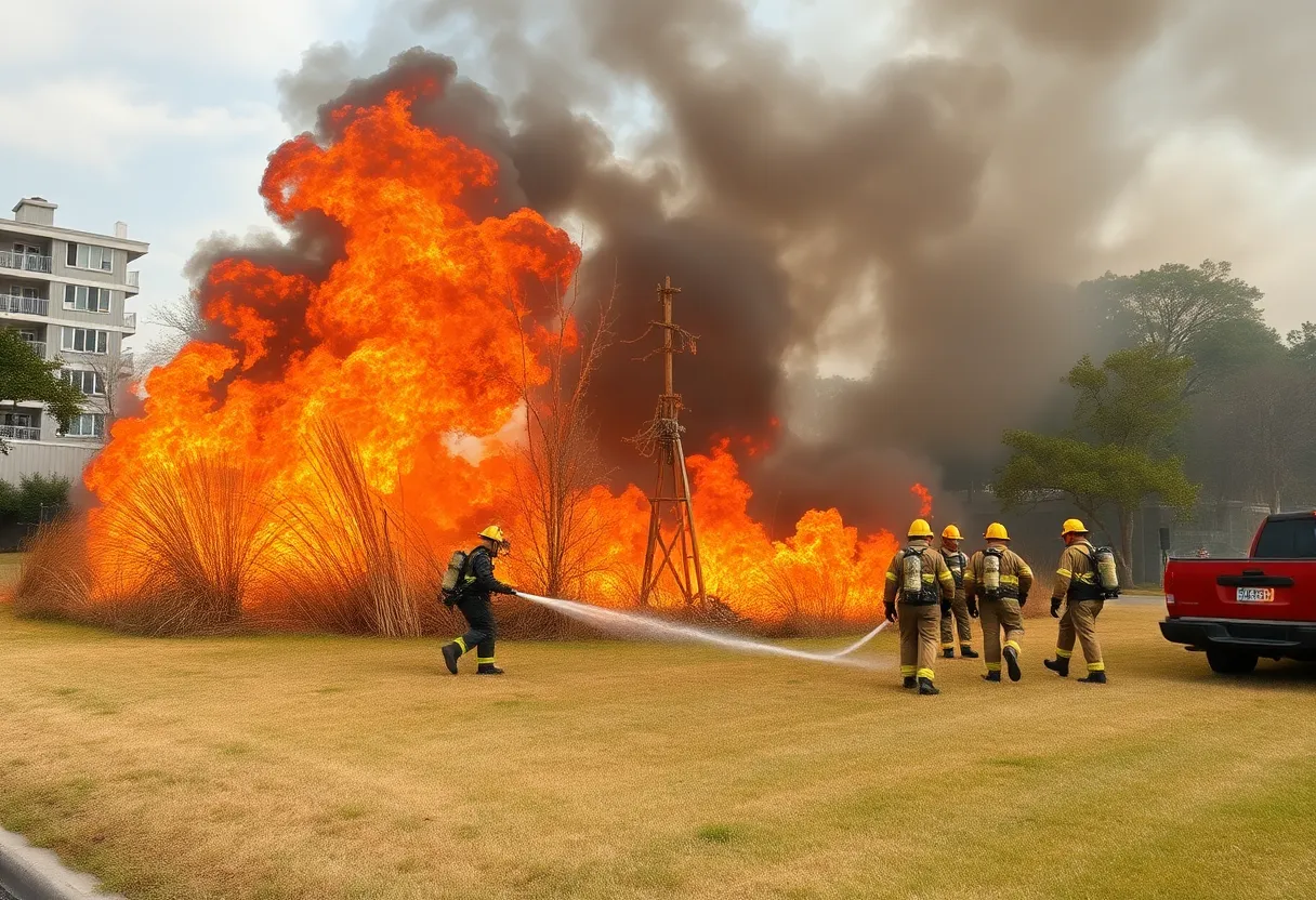 Firefighters combating a grass fire near Highway 281 in San Antonio, Texas