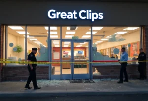A Great Clips salon showing signs of vandalism with broken windows