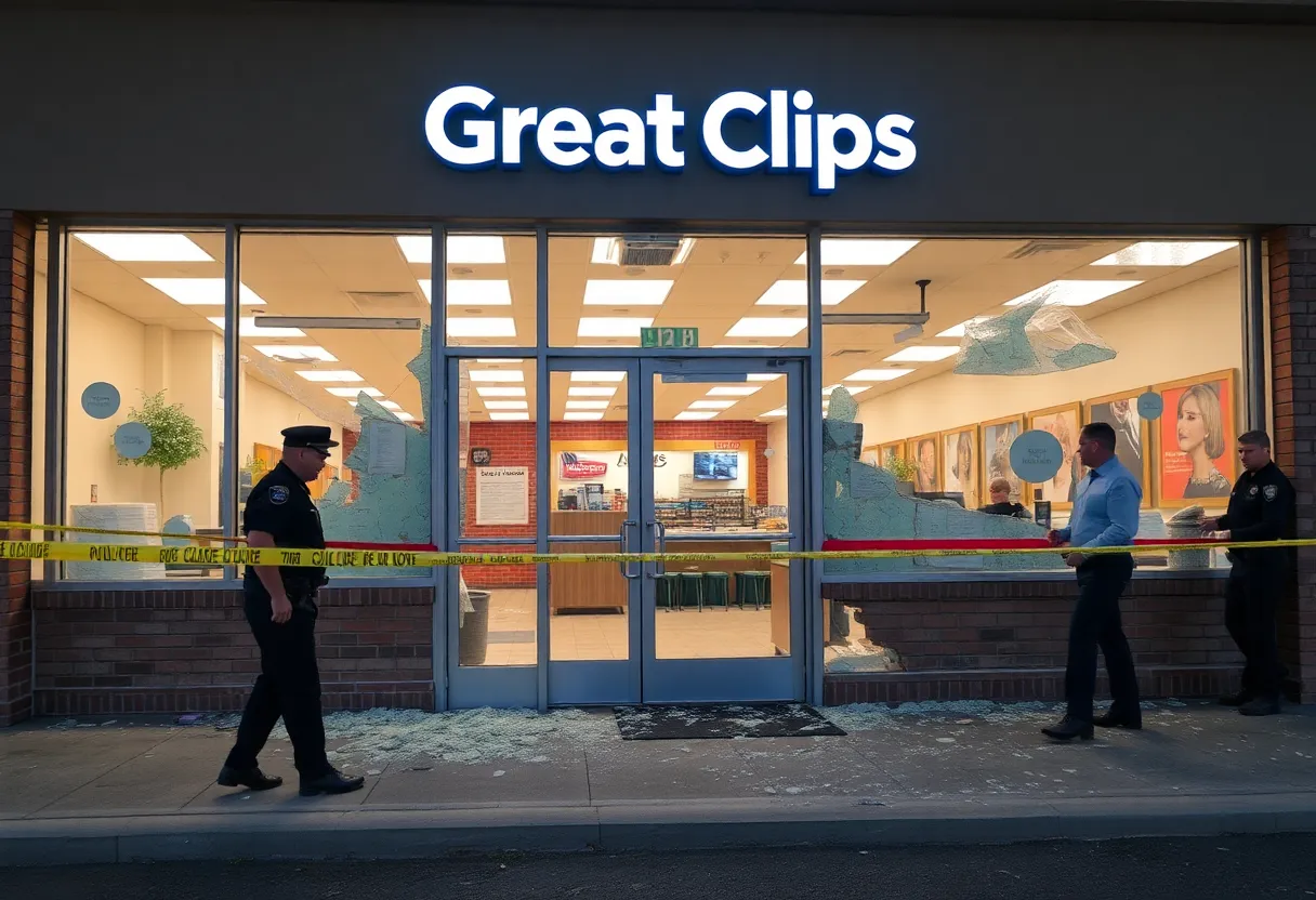 A Great Clips salon showing signs of vandalism with broken windows