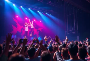 Concert scene featuring Hawthorne Heights performing live