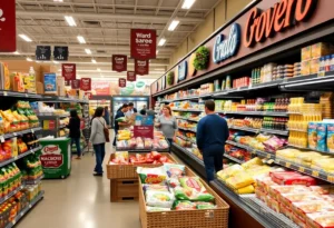 Grocery store scene with various brands competing for customers in Texas.