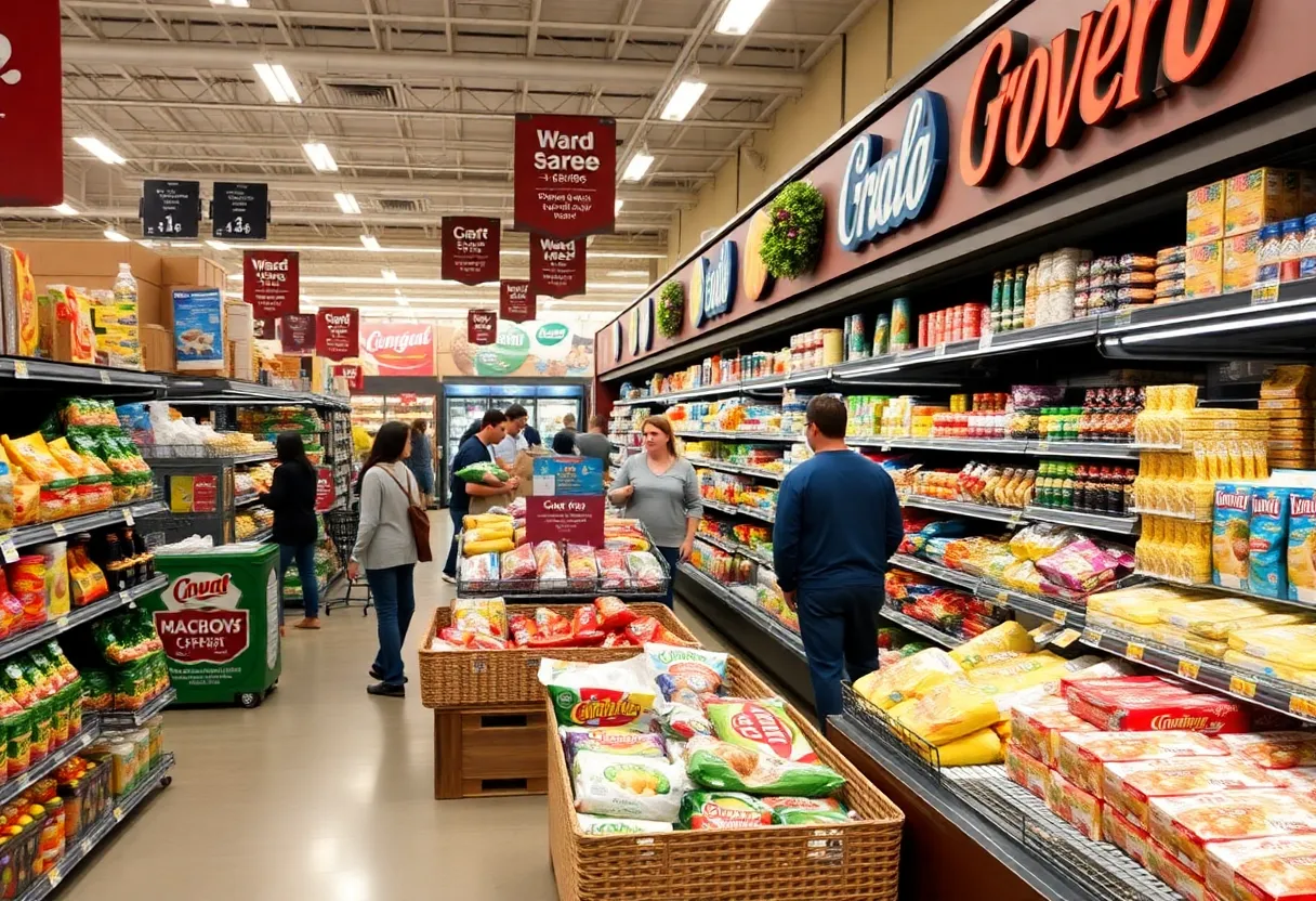 Grocery store scene with various brands competing for customers in Texas.