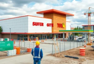 Construction site of new H-E-B grocery store with fuel station and car wash