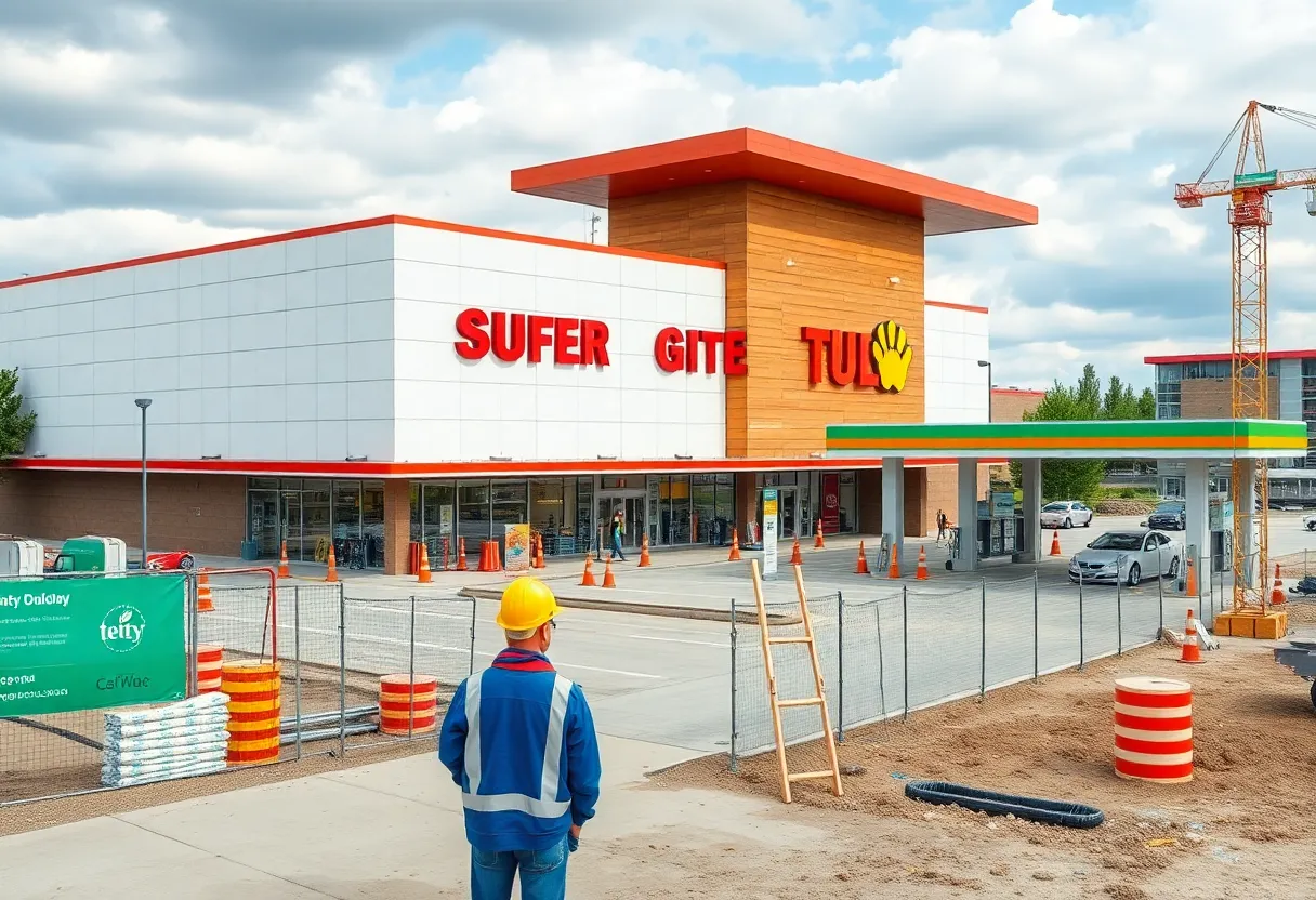 Construction site of new H-E-B grocery store with fuel station and car wash