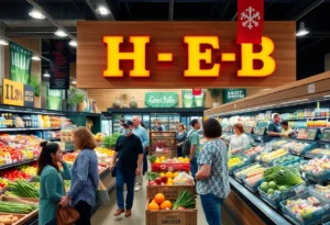 Interior of H-E-B grocery store with customers shopping.