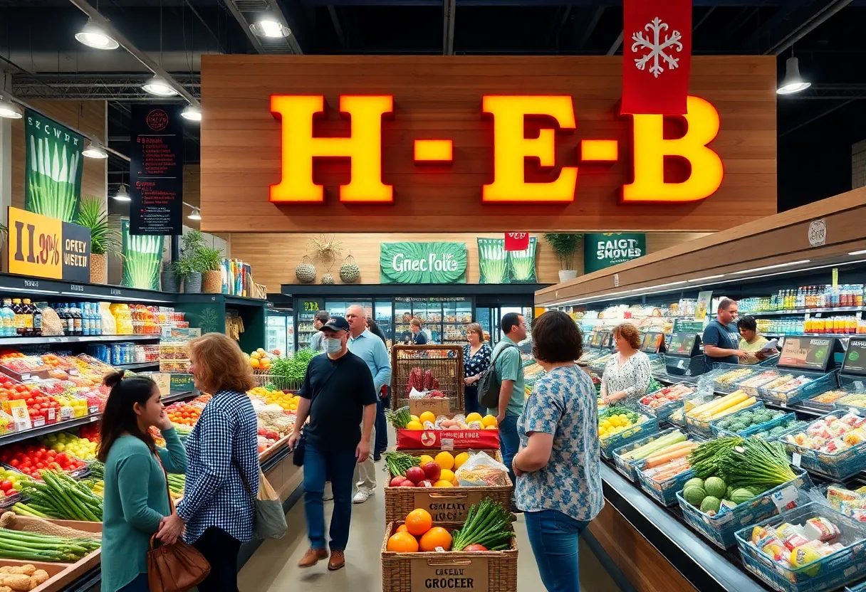 Interior of H-E-B grocery store with customers shopping.