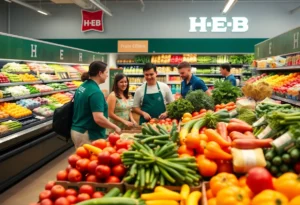 H-E-B grocery store with fresh produce and happy customers