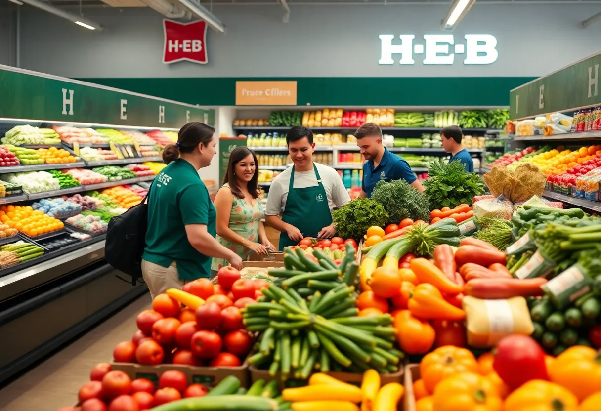 H-E-B grocery store with fresh produce and happy customers