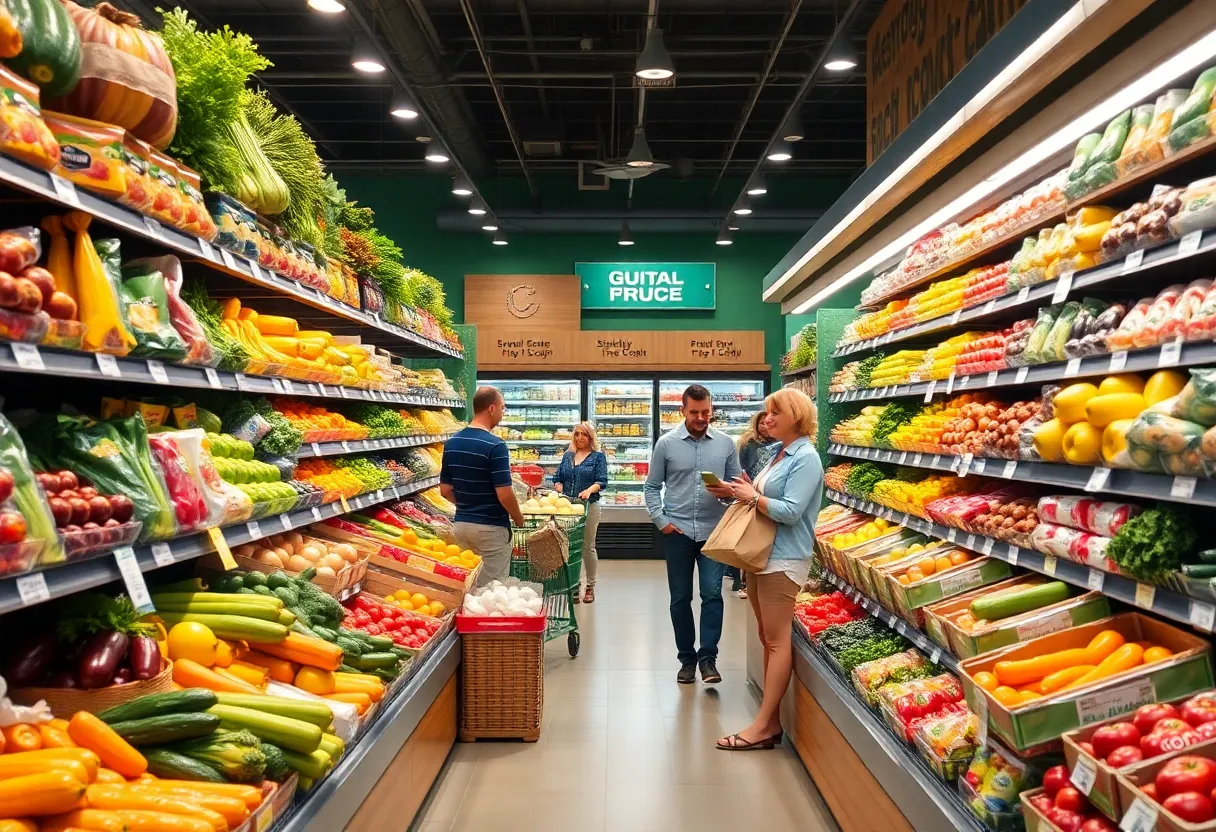 H-E-B grocery store aisle with fresh produce