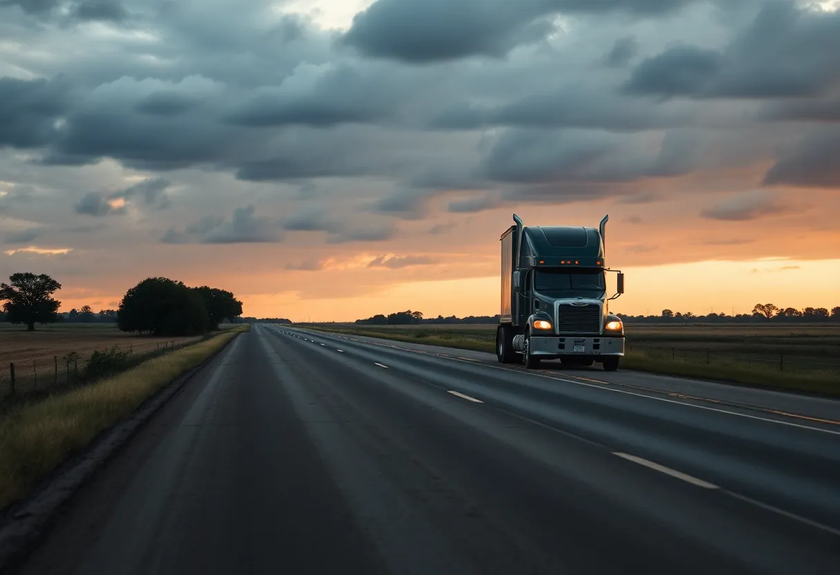 An 18-wheeler truck on a Texas road symbolizing the importance of road safety.