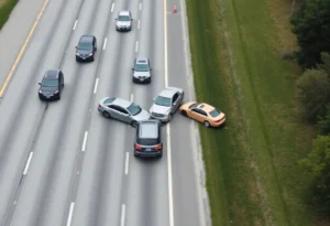 Aerial view of a multi-vehicle accident on U.S. Highway 281 with emergency services responding.
