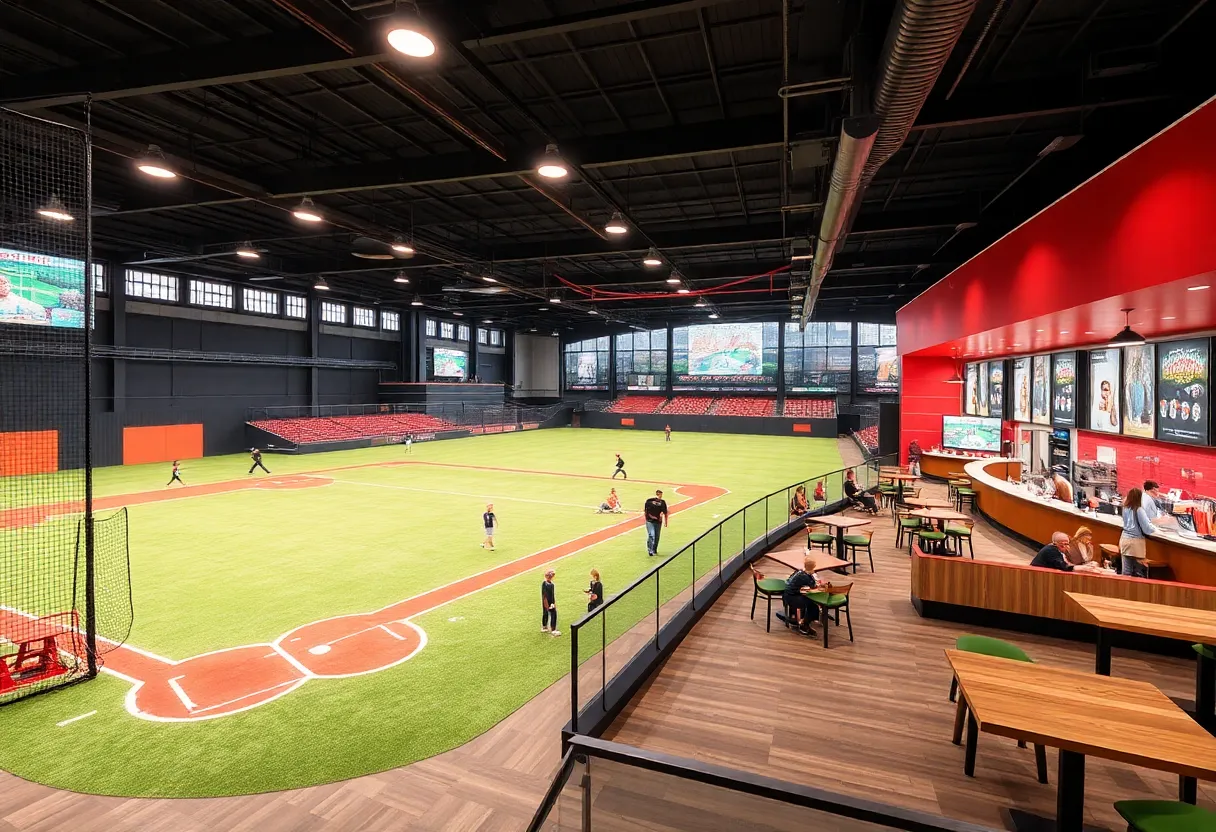 Concept art of a baseball entertainment venue with interactive elements.