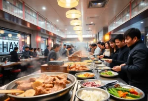 Interior of Honey Pig Korean BBQ in San Antonio with grilling tables