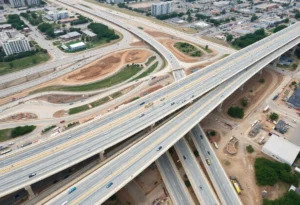 Construction of elevated lanes on Interstate 35 in San Antonio, Texas.