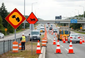 Construction zone on I-10 in Seguin with active roadwork and traffic management.
