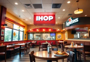 Interior view of a hybrid IHOP and Applebee's restaurant.