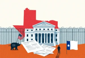 Illustration of immigration enforcement in Texas with courtroom and legal documents.