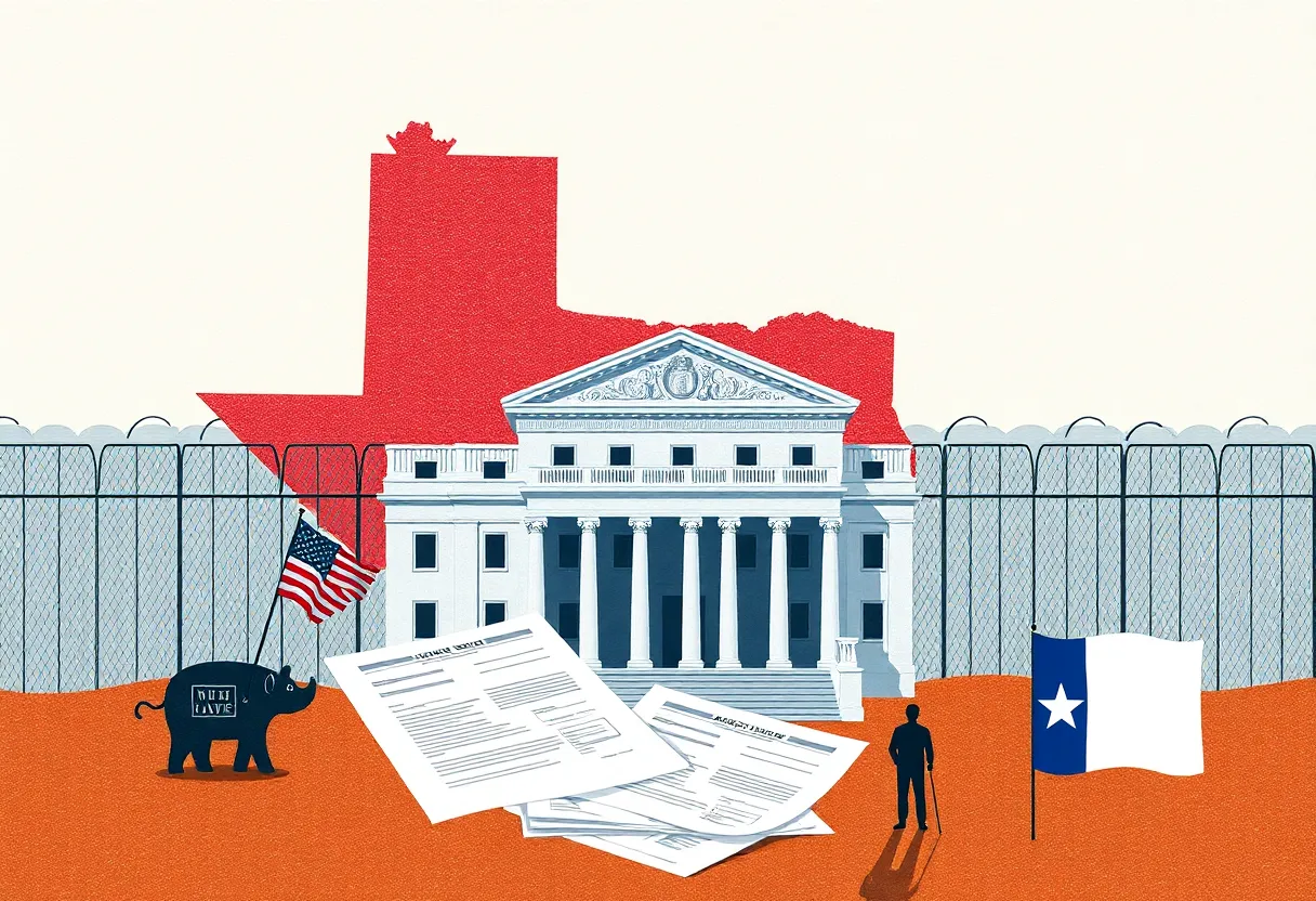 Illustration of immigration enforcement in Texas with courtroom and legal documents.