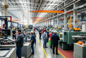 Exterior view of a modern manufacturing plant with workers