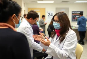 Health professional checking patients during flu season in Texas.