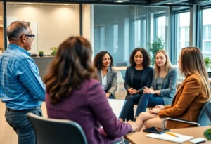 Professionals conducting interviews in a modern office.