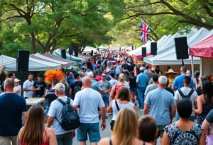 Crowd enjoying January events in Austin with musicians and vendors.