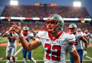 Football player committing to a college team on the field.