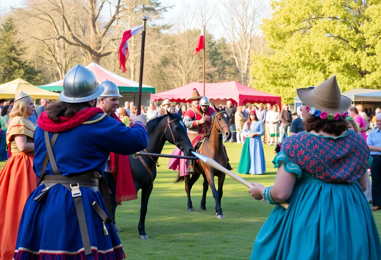 Colorful Renaissance festival with people in costumes and artisans at work