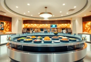 Interior of Kura Revolving Sushi Bar showing sushi on conveyor belt